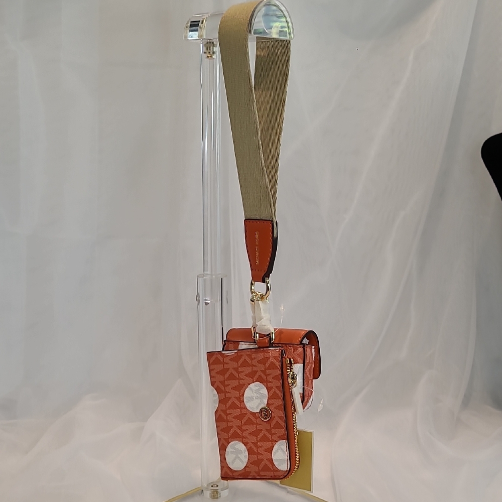 Michael Kors Red Clay and White Polka Dot Card Pouch And Airpod Case, With Strap